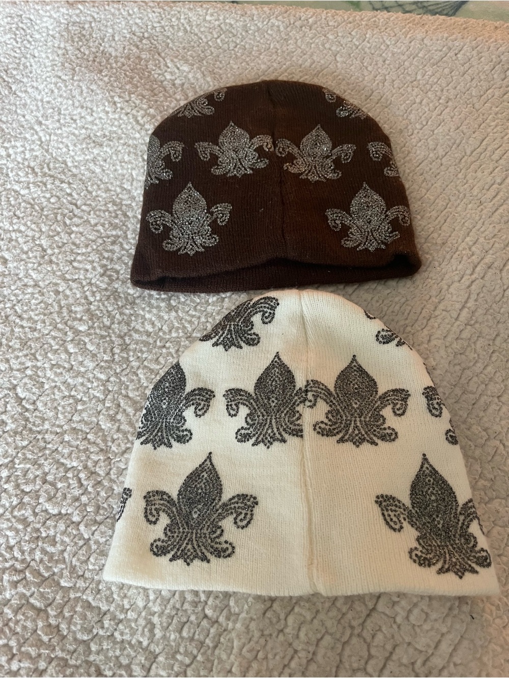 Unisex Beanie Hat Set - Brown & Cream Fleur-de-Lis Knit Caps